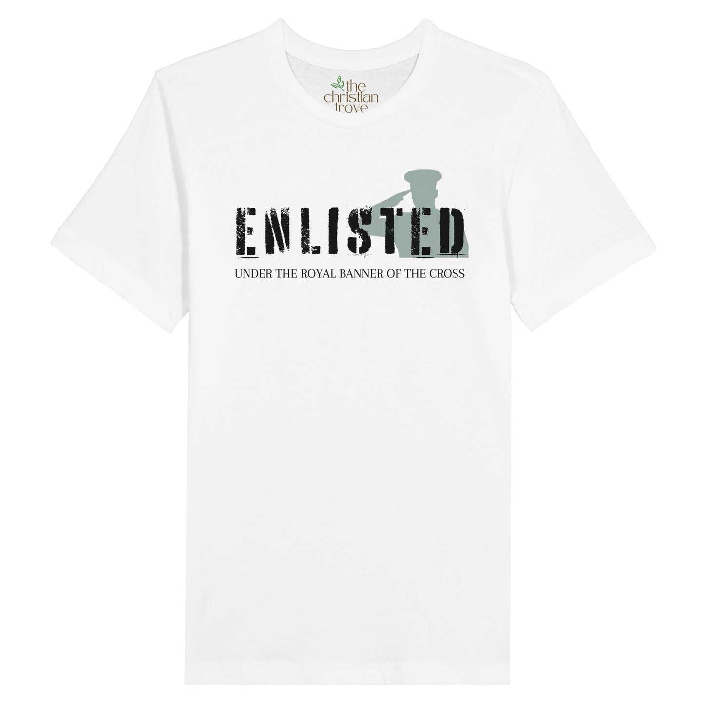 White Christian T-Shirt with "Enlisted: Under the Royal Banner of the Cross" print design. Crew neck, short-sleeved, classic fit, soft fabric. 