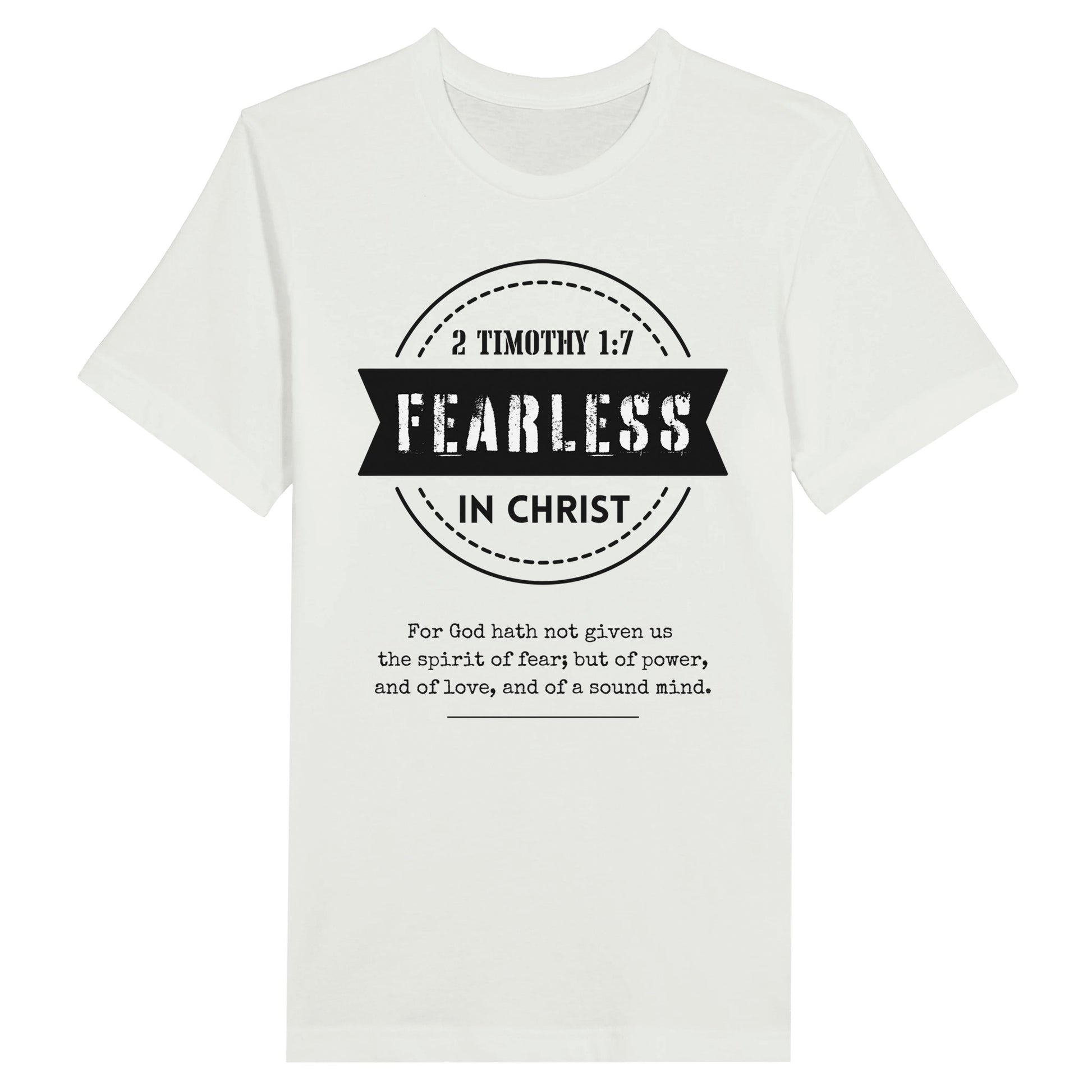 White Men's Christian T-Shirt with "Fearless In Christ" Print design. Crew neck, short-sleeved, classic fit.