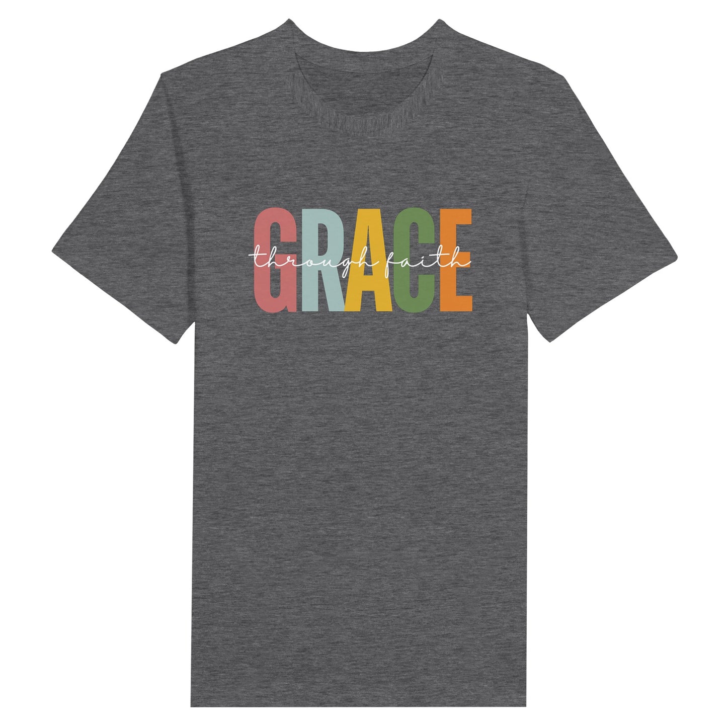 Ash Gray Ladies Christian T-shirt with "Grace Through Faith" print design, black shirt.