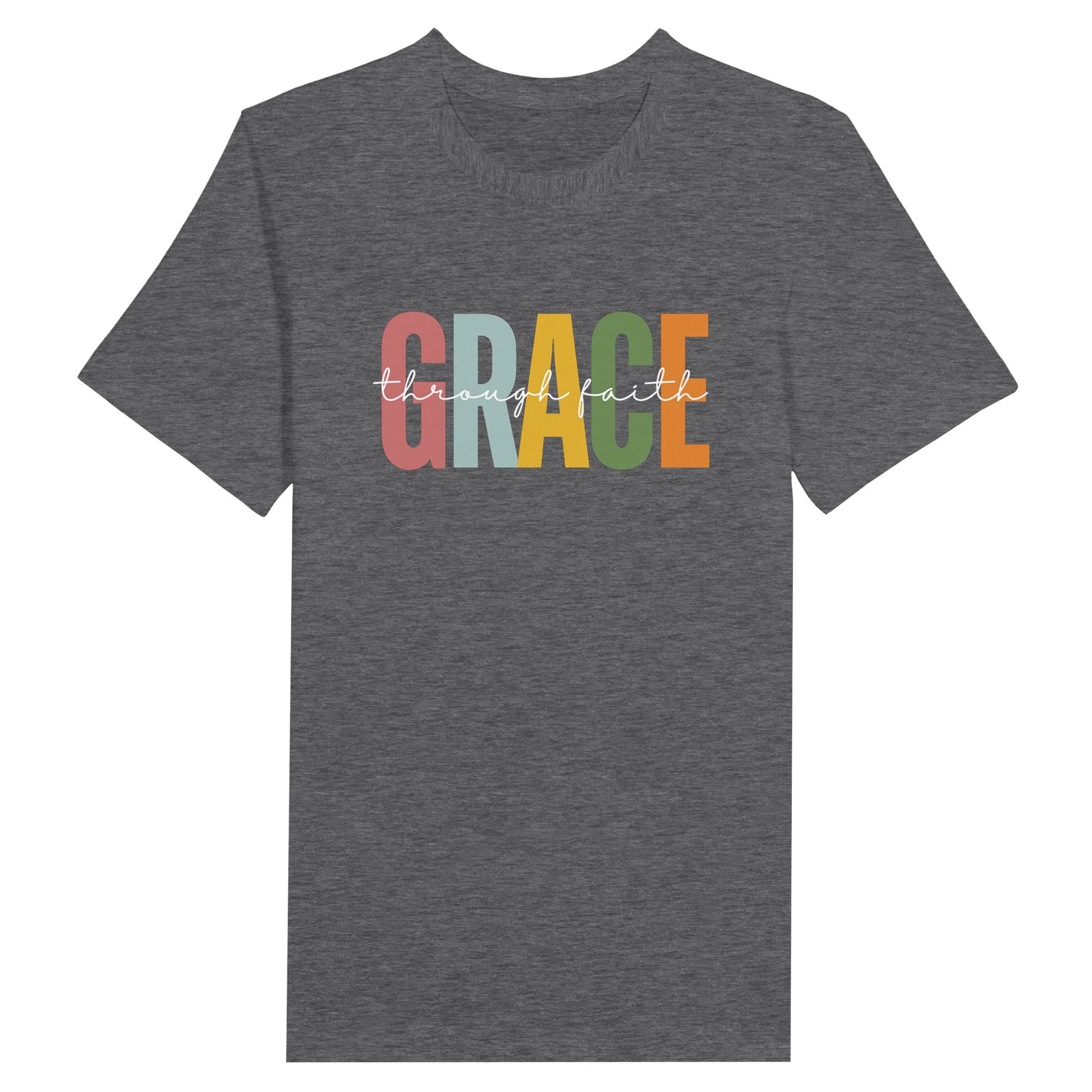 Ash Gray Ladies Christian T-shirt with "Grace Through Faith" print design, black shirt.