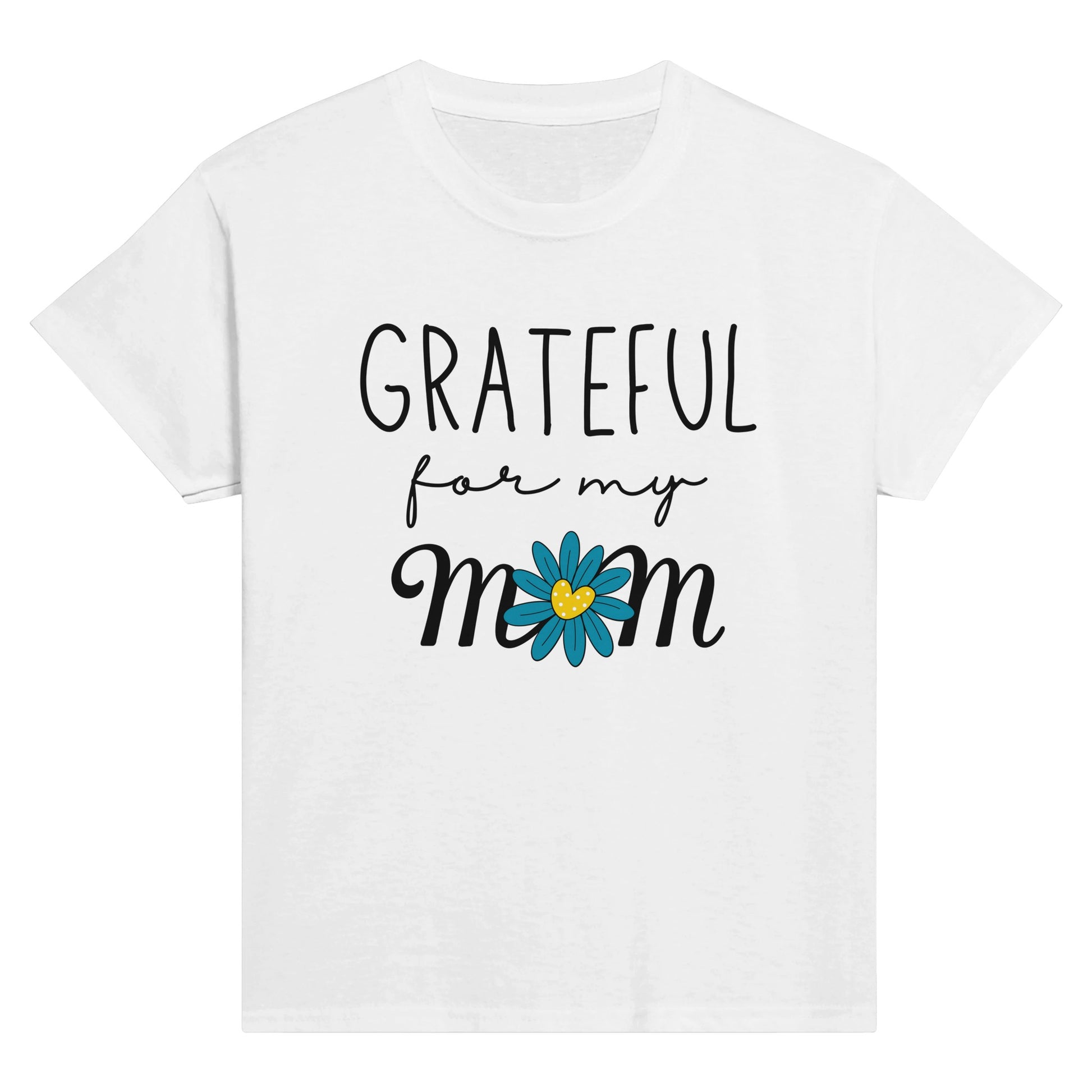 White Kid's Mother's Day T-Shirt with "Grateful for my Mom" print design. Crew neck, short-sleeved, classic fit