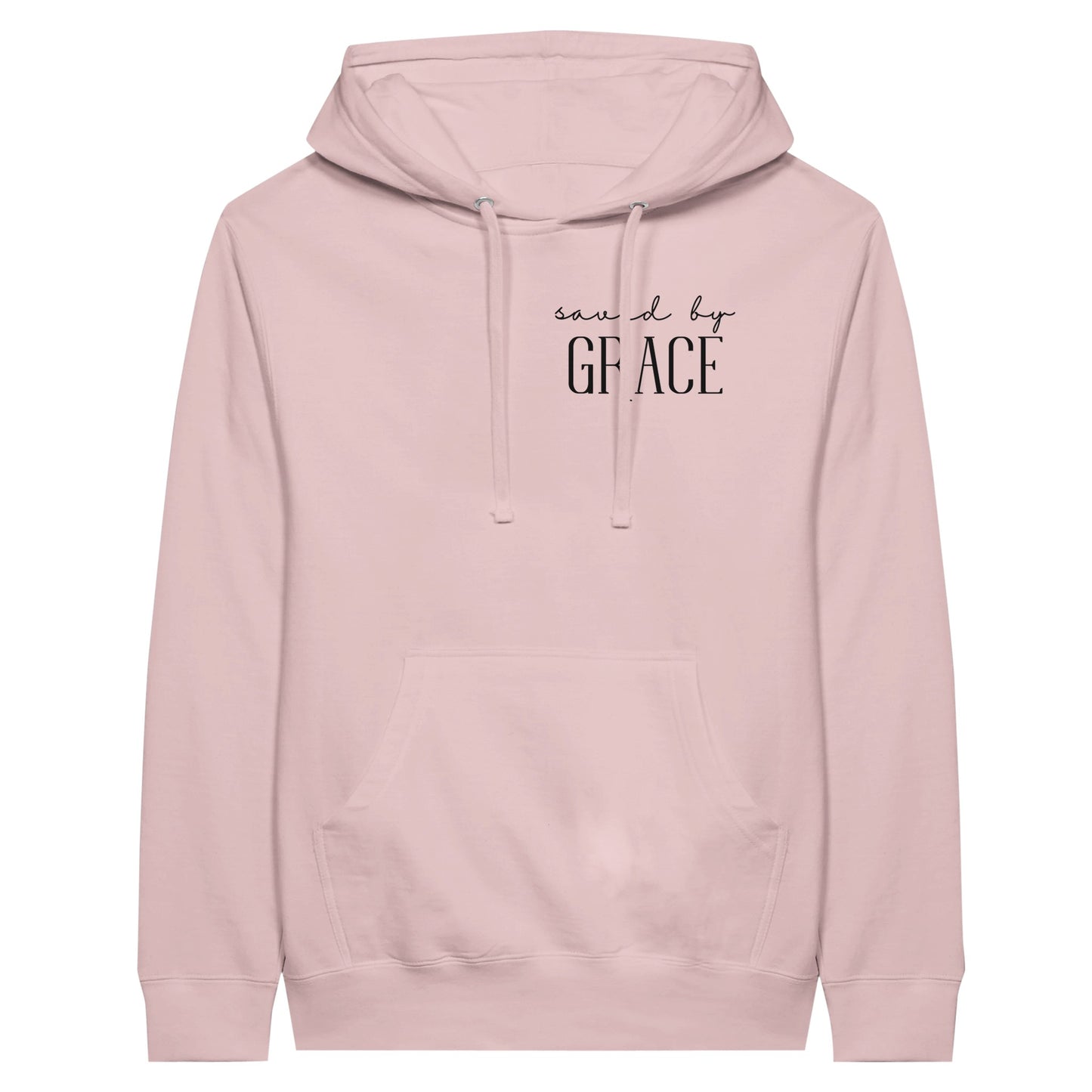 Pink pullover hoodie with "Saved by Grace" print design at the front. With large front pouch pocket.