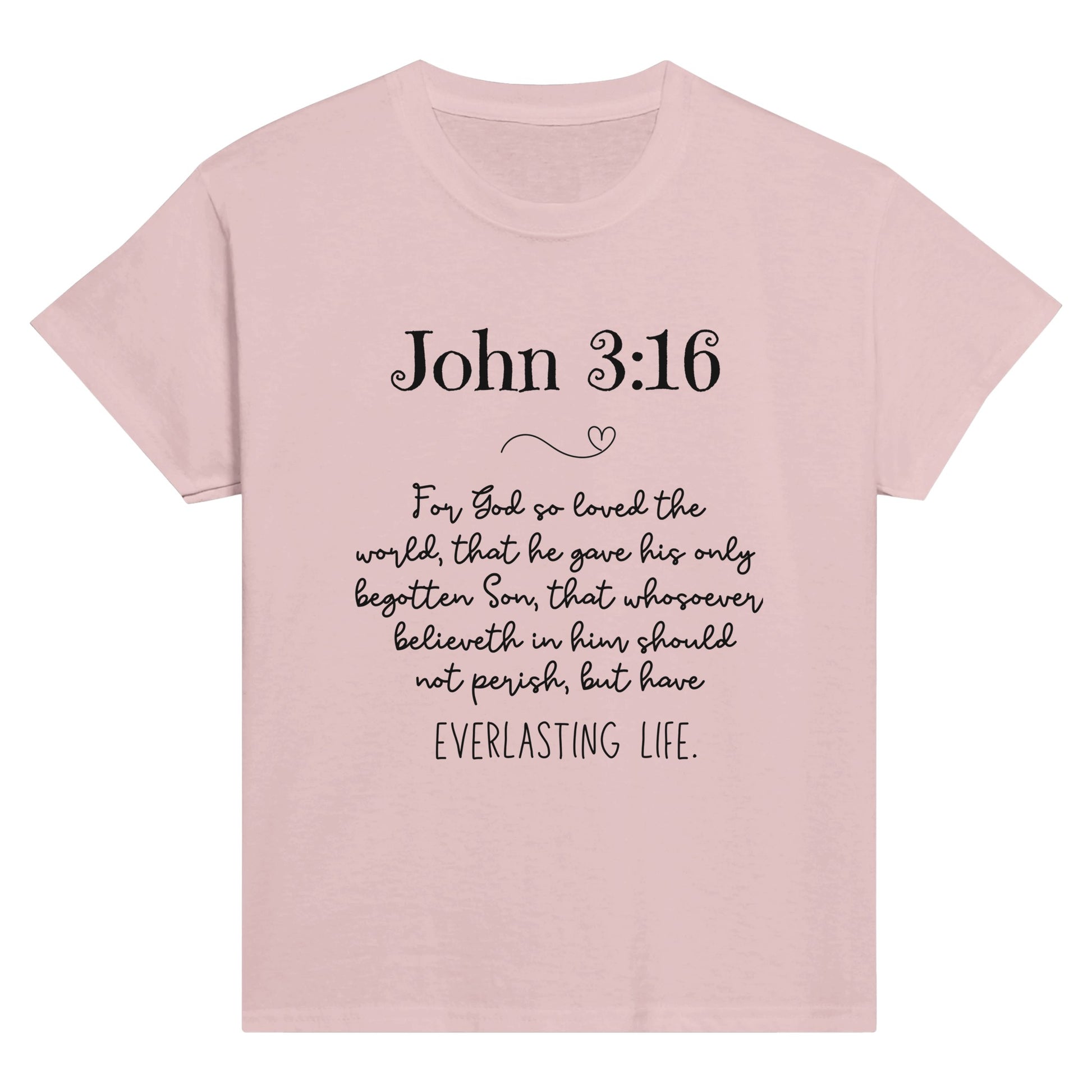 Kid's Christian Shirt Light Pink with John 3:16 Bible Verse KJV print design. Crew neck, short-sleeved, classic fit