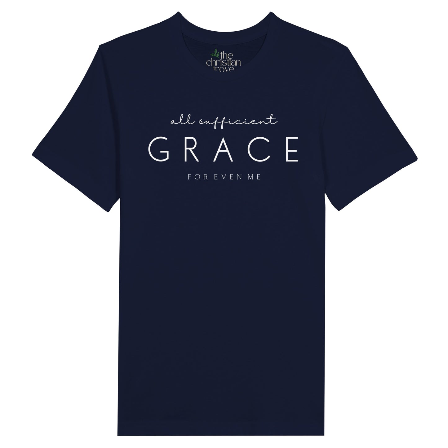 Navy Blue Christian T-Shirt with "All Sufficient Grace For Even Me" print design. Crew neck, short-sleeved, classic fit, soft fabric.