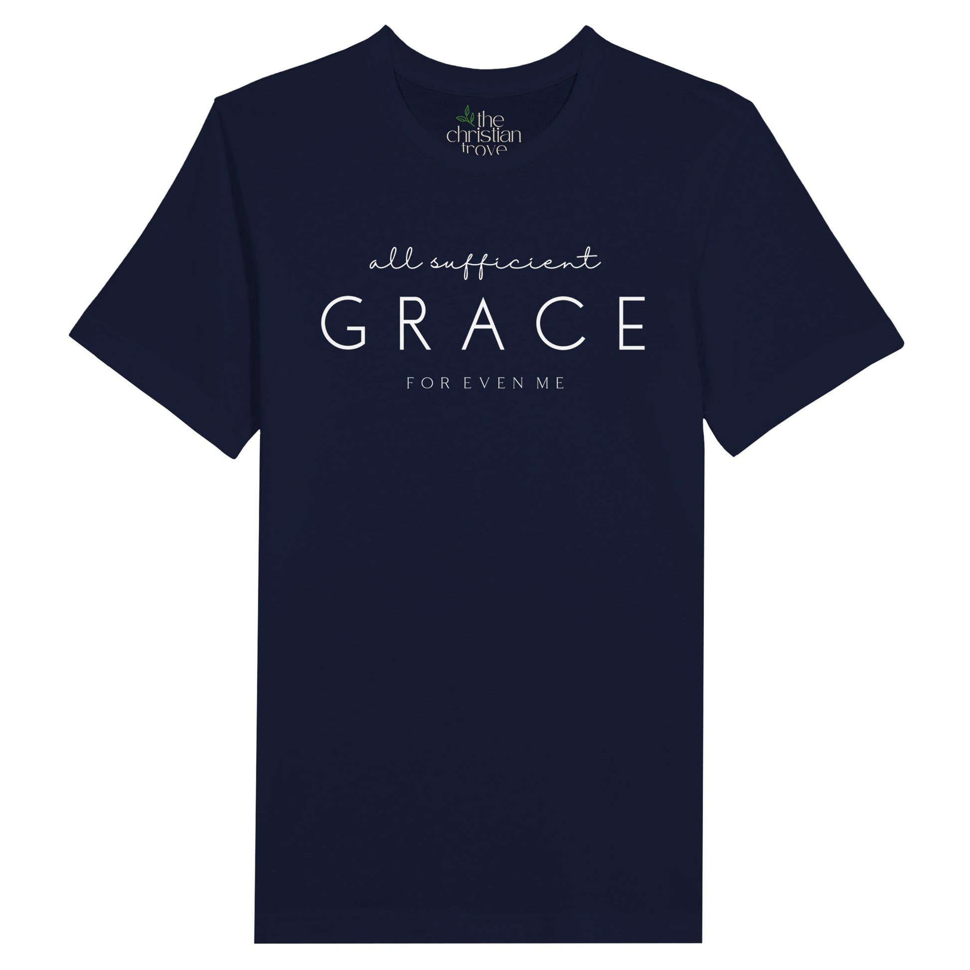 Navy Blue Christian T-Shirt with "All Sufficient Grace For Even Me" print design. Crew neck, short-sleeved, classic fit, soft fabric.