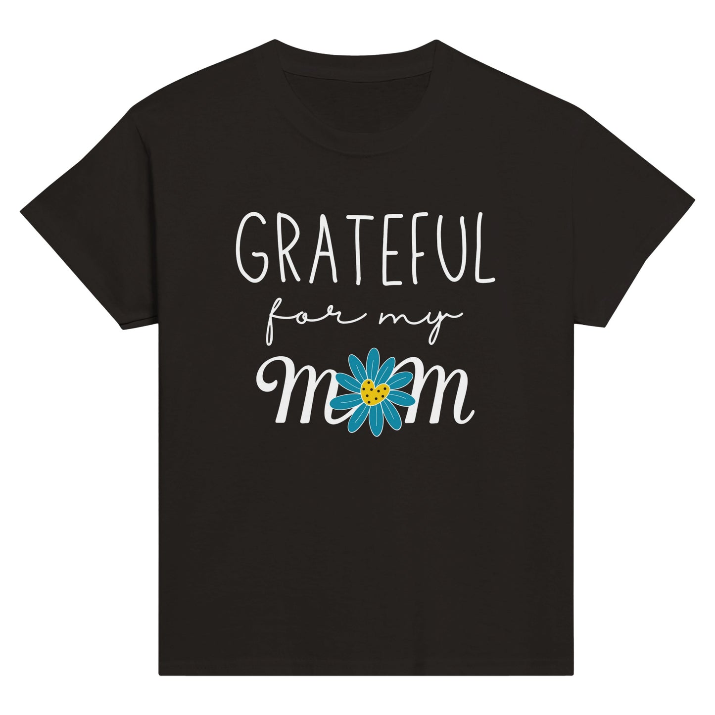 Black Kid's Mother's Day T-Shirt with "Grateful for my Mom" print design. Crew neck, short-sleeved, classic fit