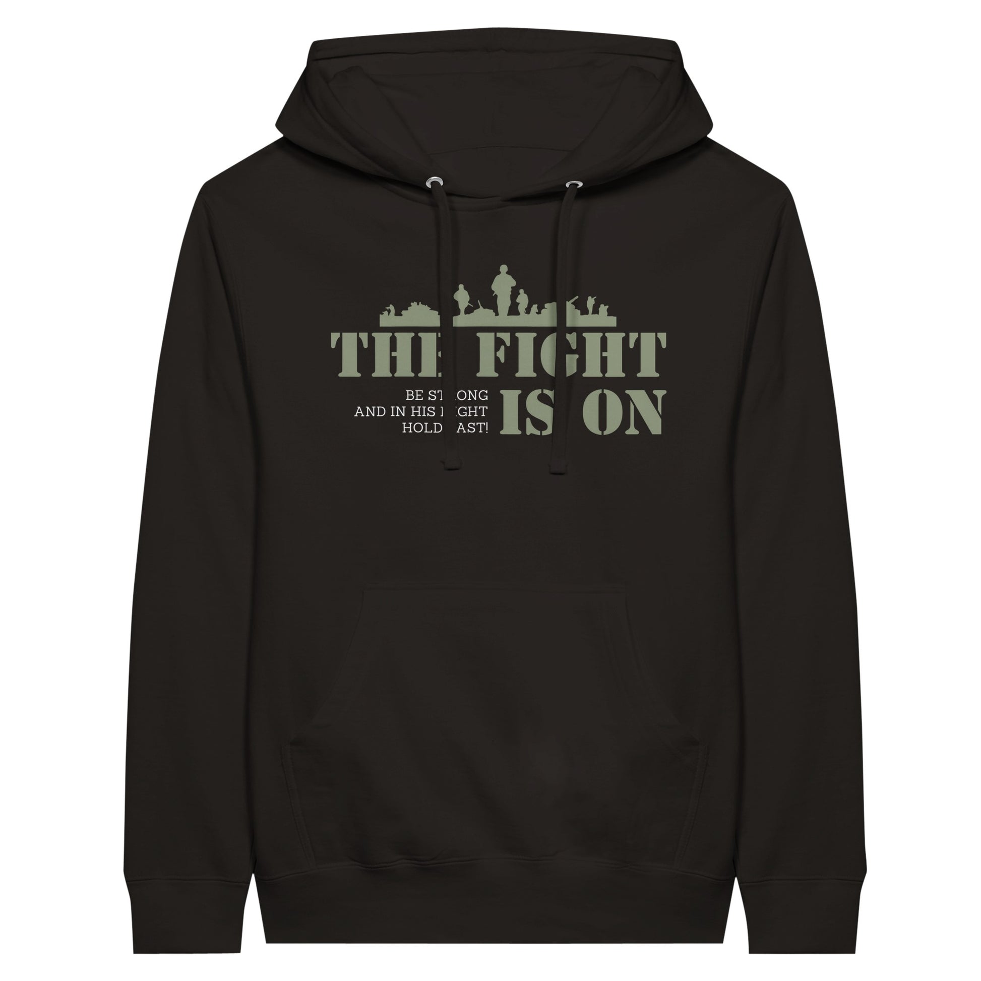 Black Christian Hoodie with "The Fight Is On" Print Design. Unisex, with large front pouch pocket.