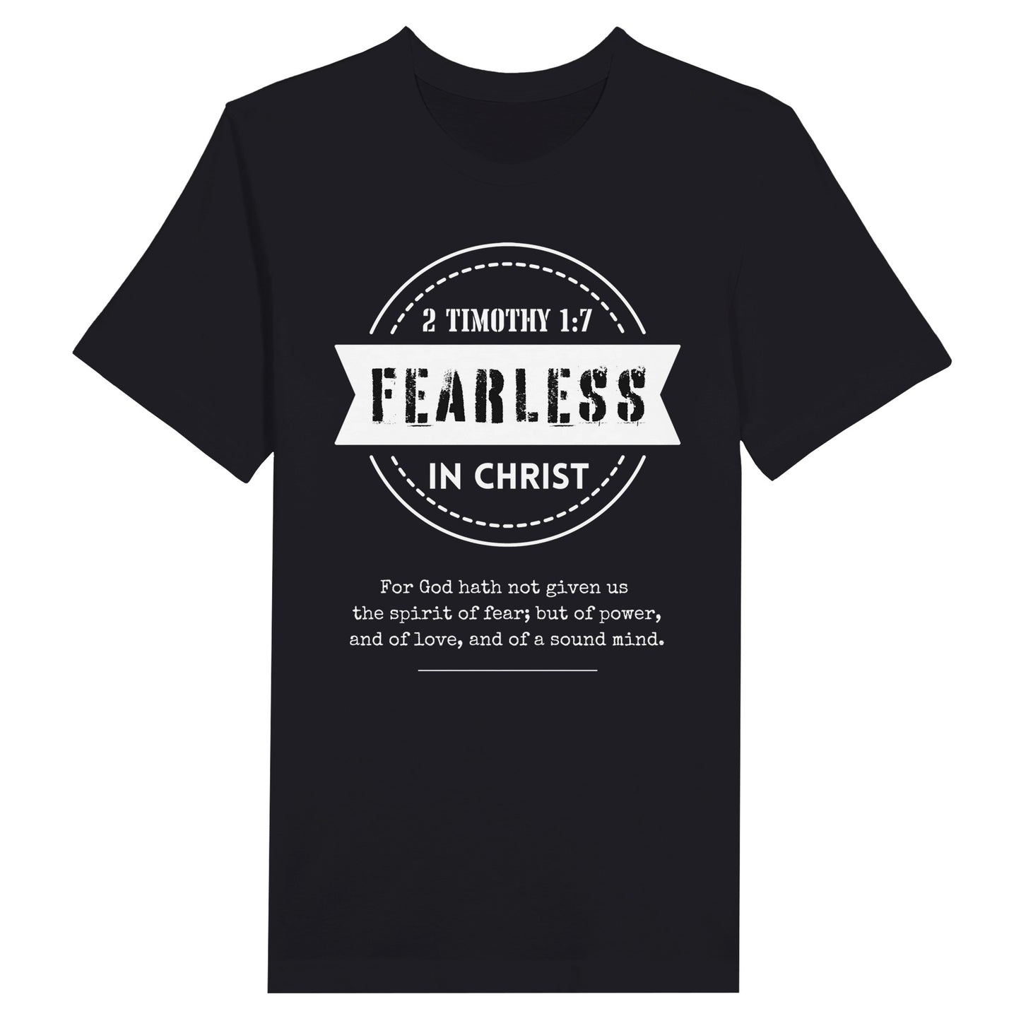 Black Men's Christian T-Shirt with "Fearless In Christ" Print design. Crew neck, short-sleeved, classic fit.