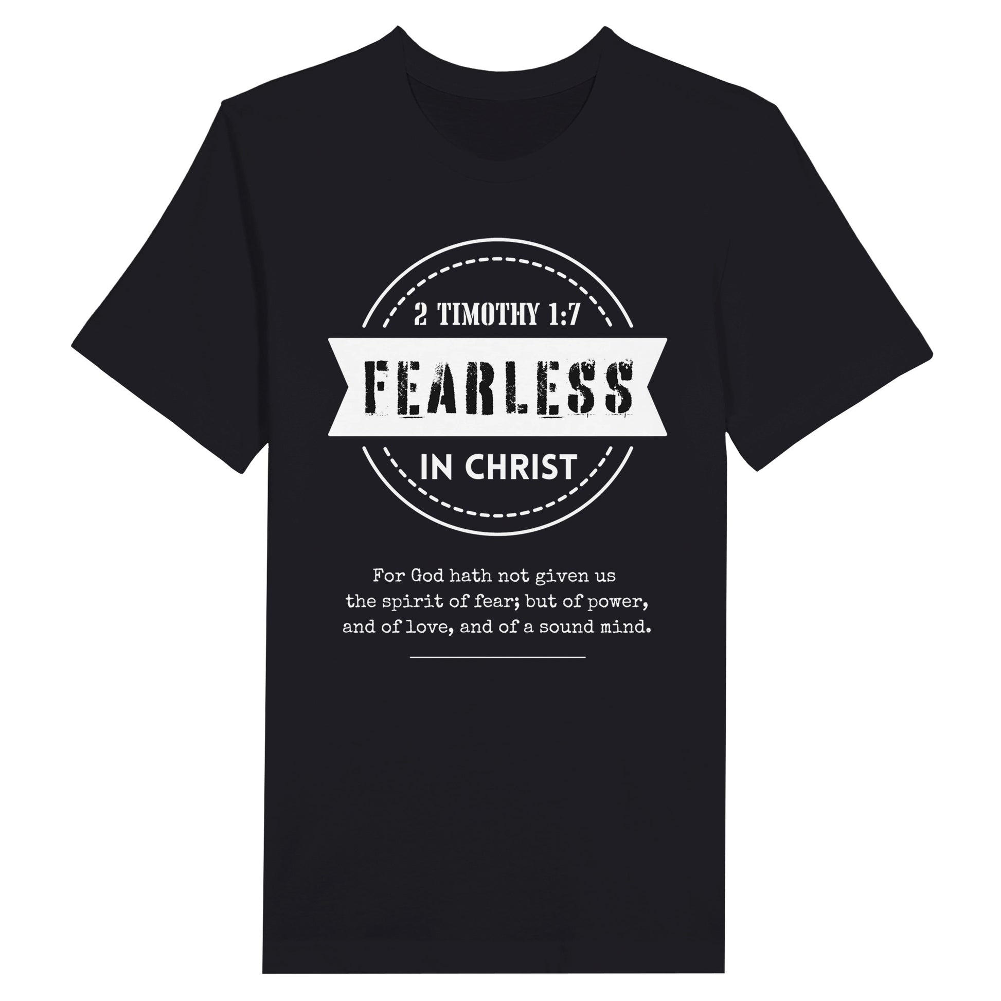 Black Men's Christian T-Shirt with "Fearless In Christ" Print design. Crew neck, short-sleeved, classic fit.