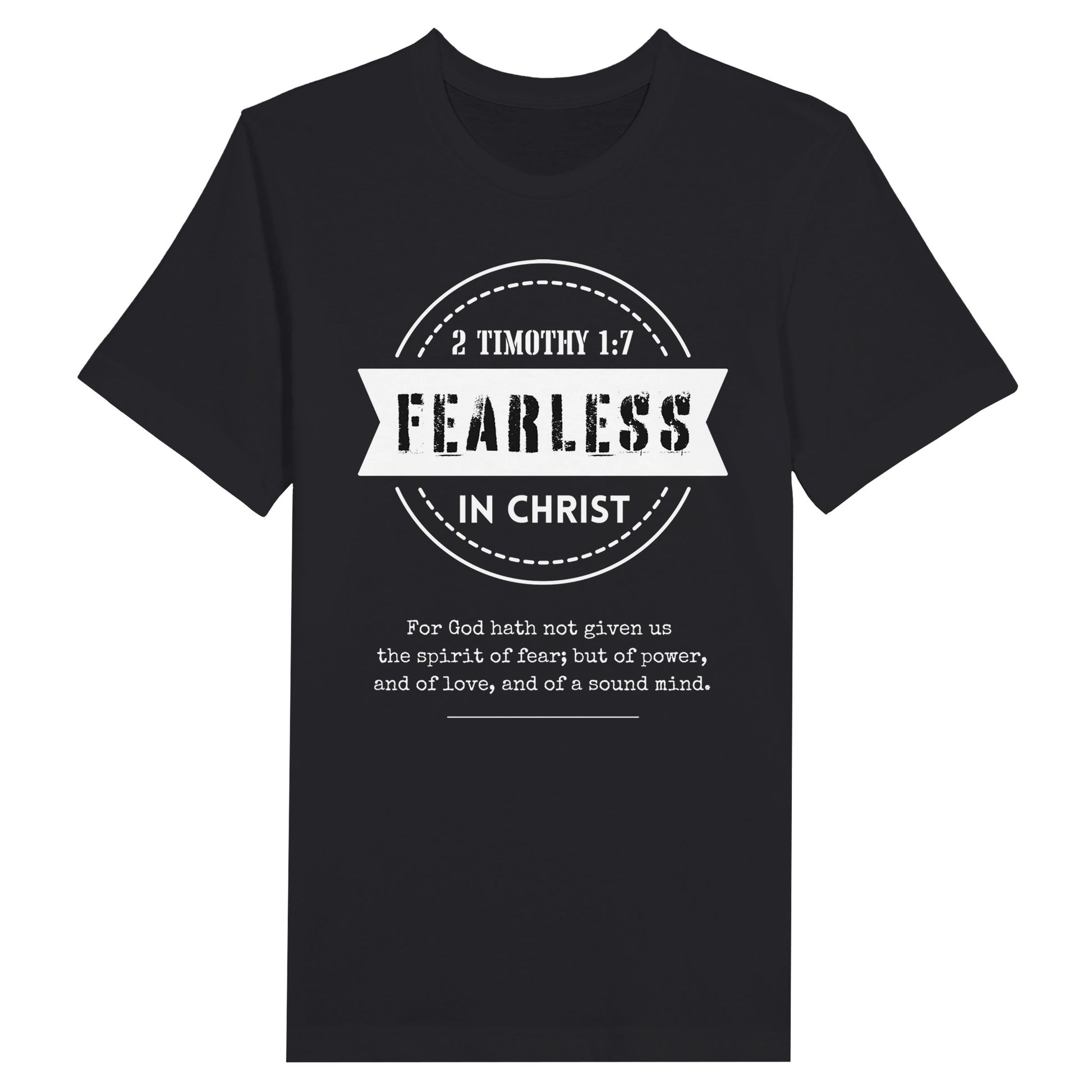 Dark Gray Men's Christian T-Shirt with "Fearless In Christ" Print design. Crew neck, short-sleeved, classic fit.