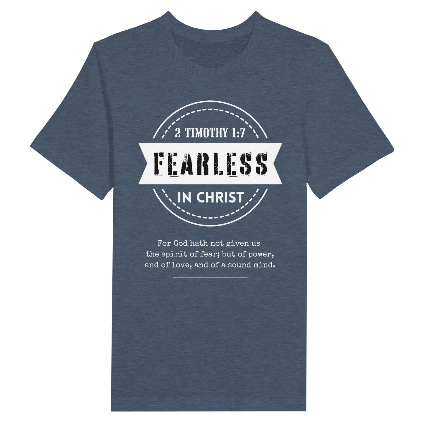 Heather Navy Men's Christian T-Shirt with "Fearless In Christ" Print design. Crew neck, short-sleeved, classic fit.