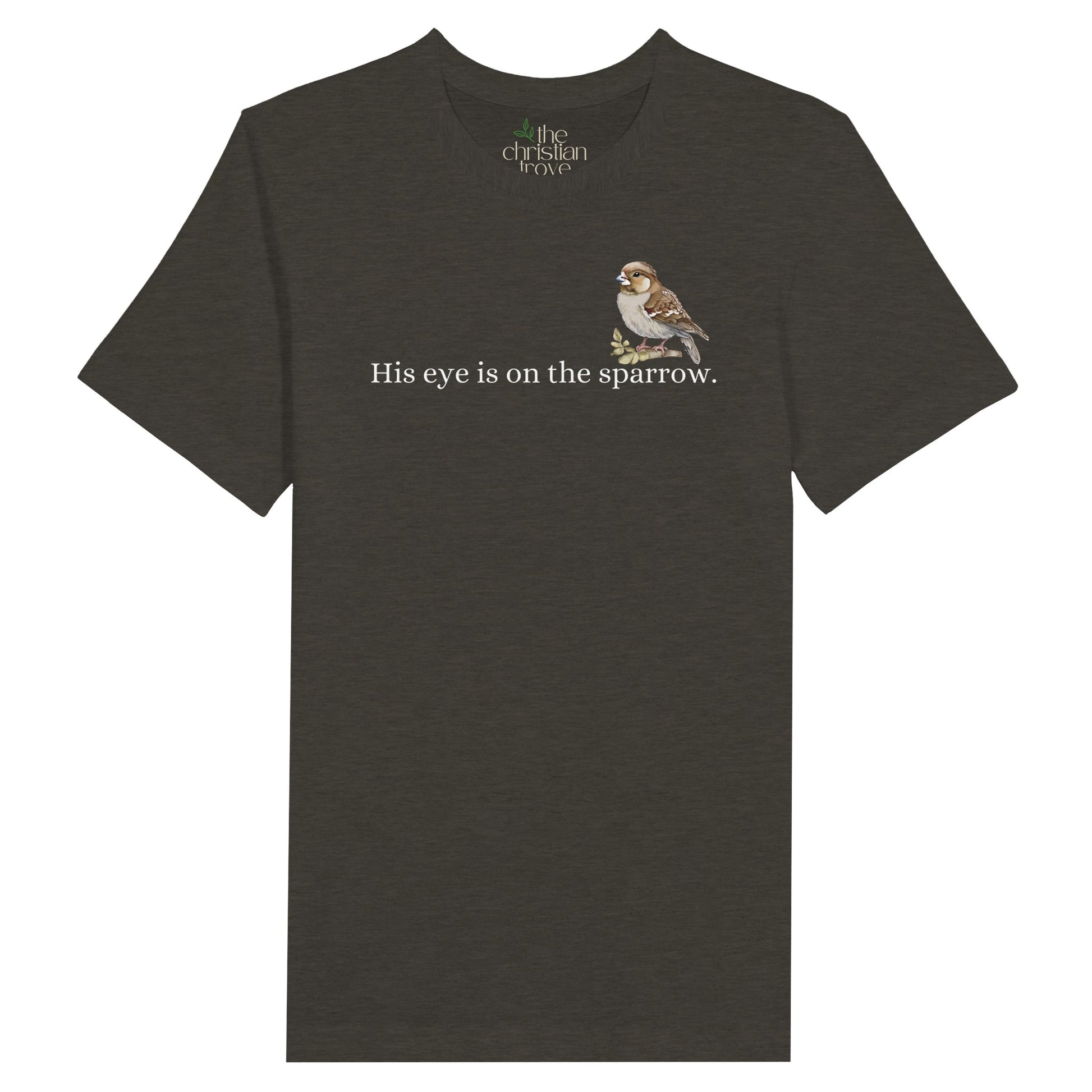 Black Heather Christian T-Shirt with "His Eye is on the Sparrow" print design. Crew neck, short-sleeved, classic fit, soft fabric