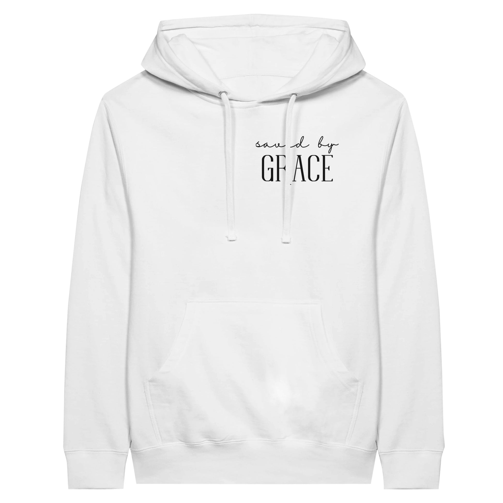 White Christian pullover hoodie with "Saved by Grace" print design at the front. With large front pouch pocket.