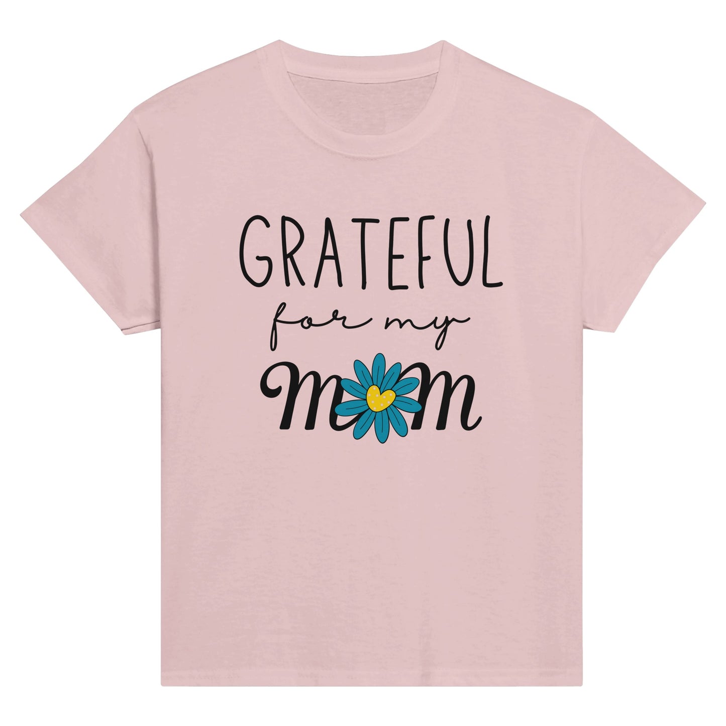 Pink Kid's Mother's Day T-Shirt with "Grateful for my Mom" print design. Crew neck, short-sleeved, classic fit