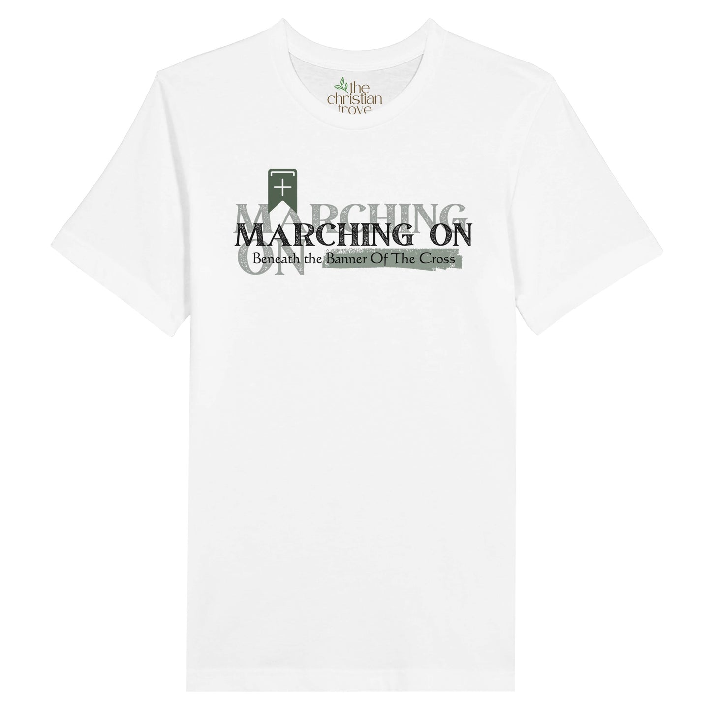 White Christian T-Shirt with "Marching On: Beneath the Banner of the Cross" print design. Crew neck, short-sleeved, classic fit, soft fabric