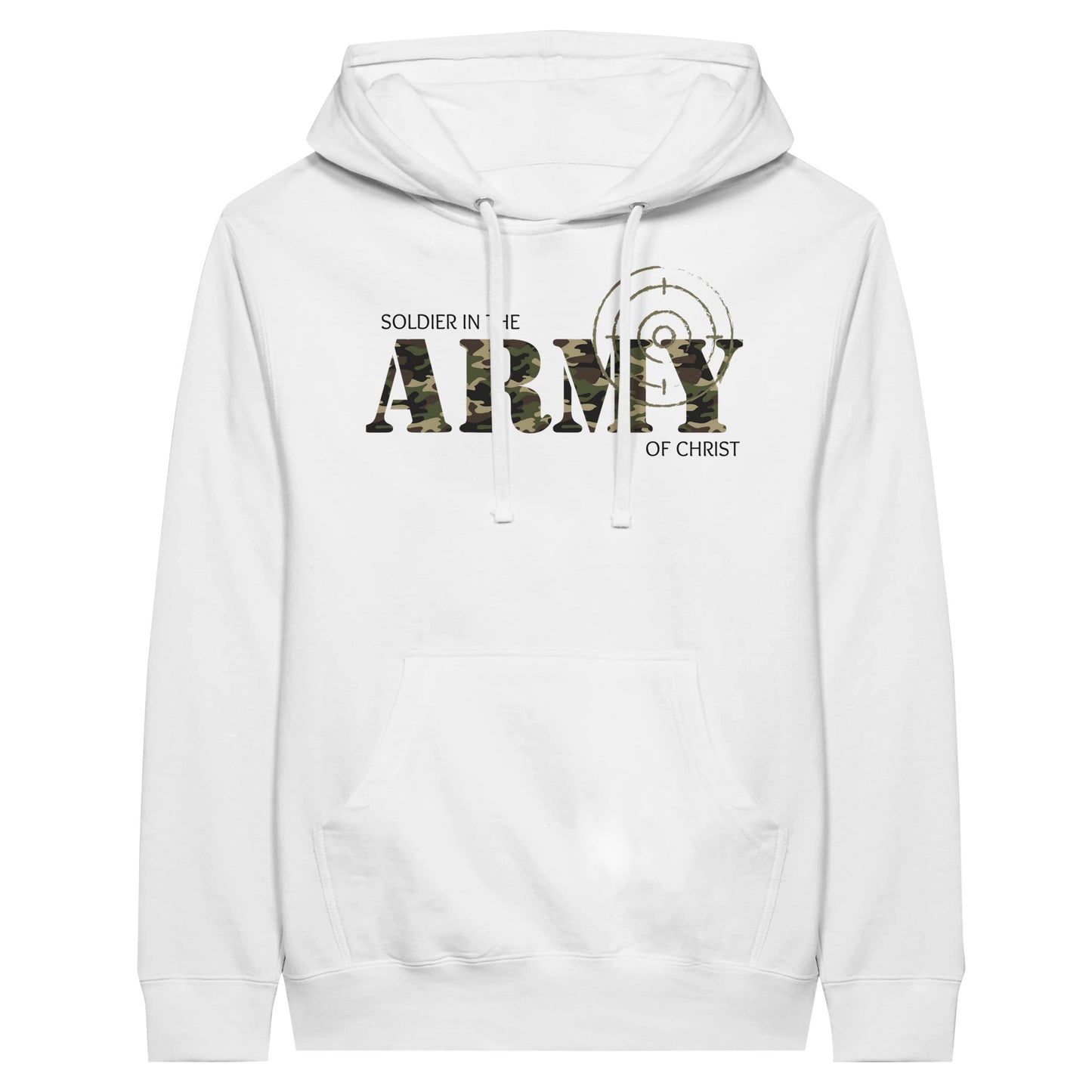 White Christian Hoodie with "Soldier in the Army of Christ" print design. Unisex, with large front pouch