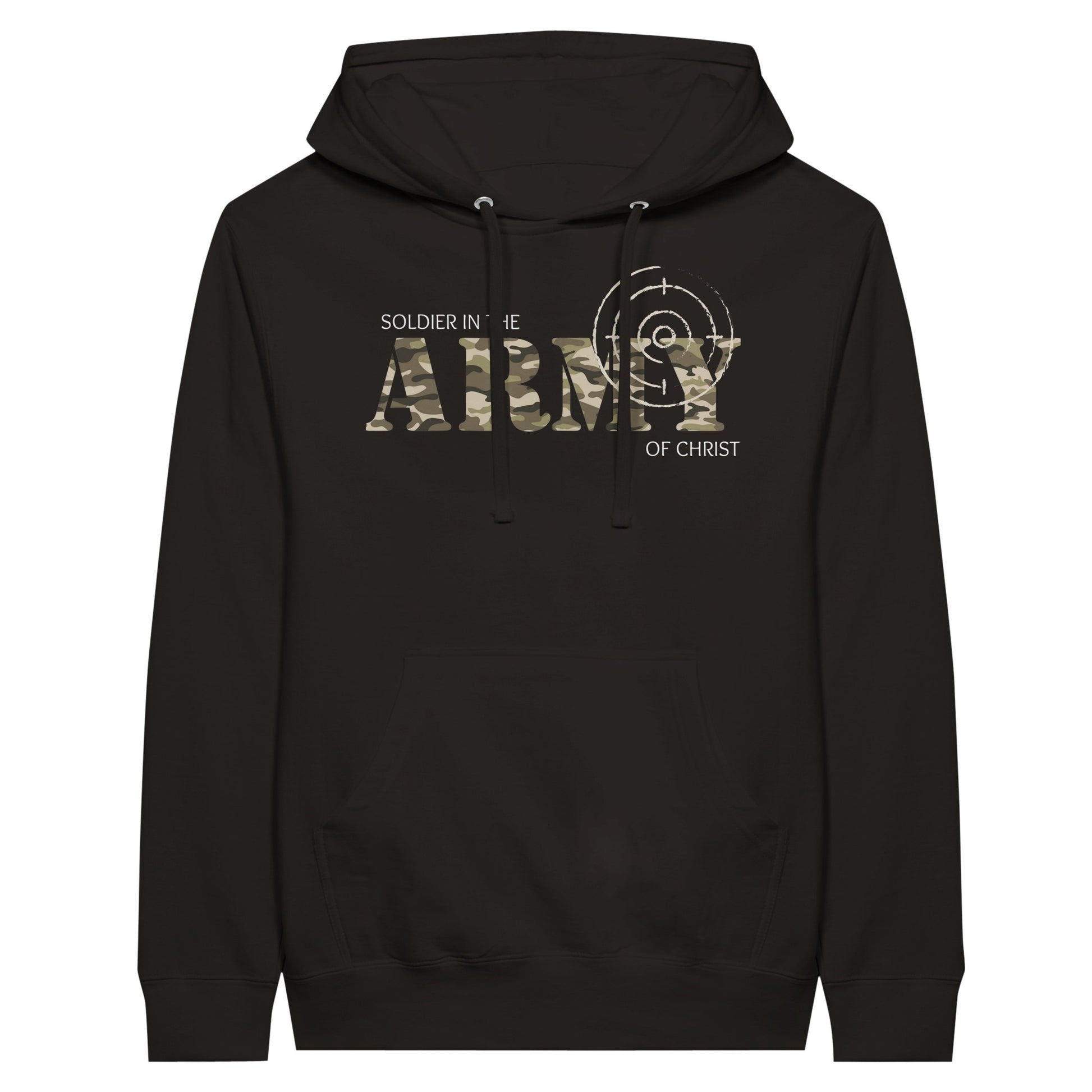 Black Christian Hoodie with "Soldier in the Army of Christ" print design. Unisex, with large front pouch