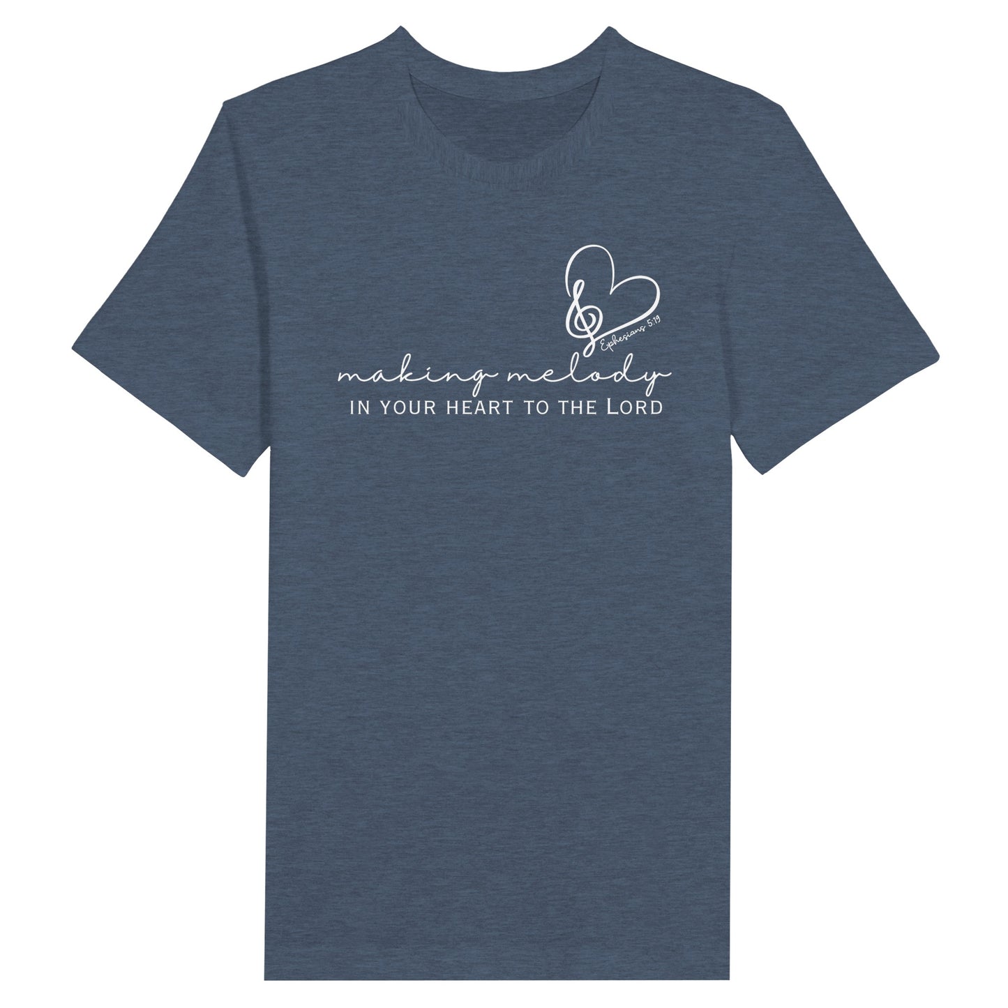 Heather Navy Christian Tshirt for Ladies with "Making Melody In your Hear to the Lord" print design. Crewneck, short-sleeved, classic fit.