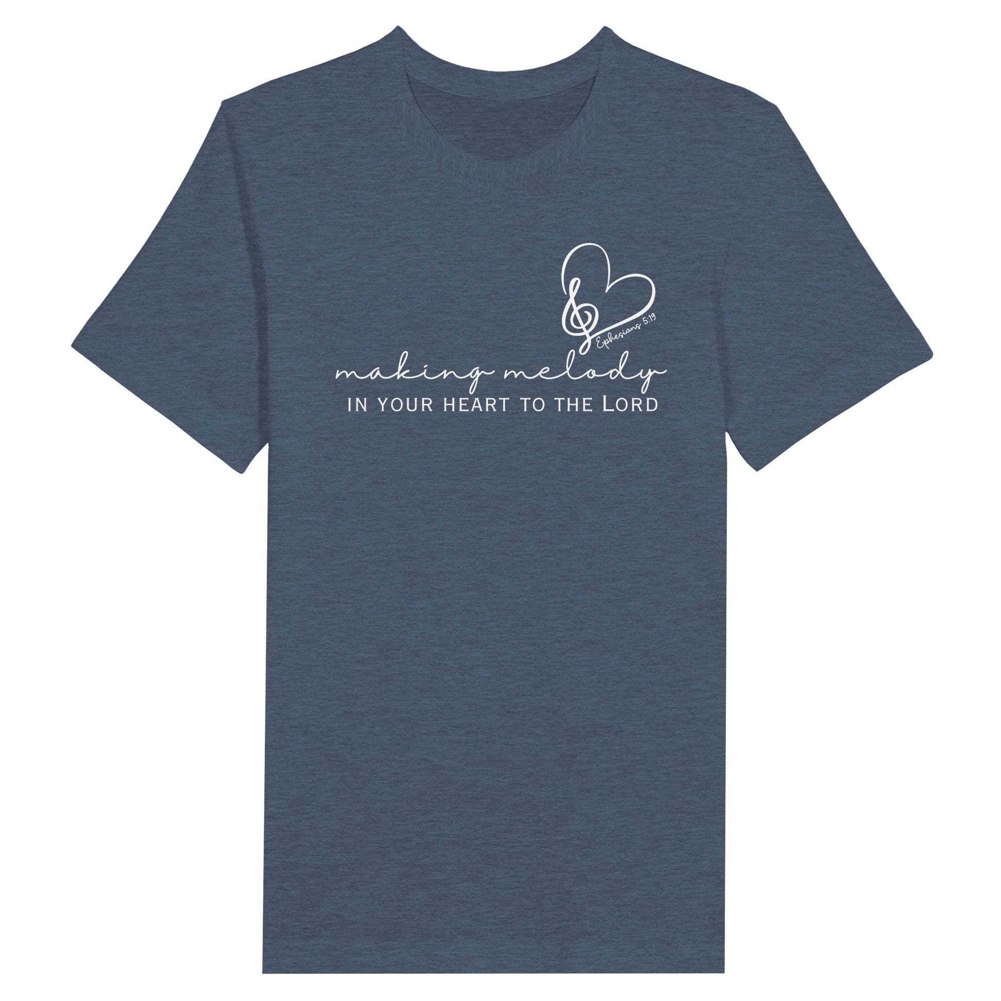 Heather Navy Christian Tshirt for Ladies with "Making Melody In your Hear to the Lord" print design. Crewneck, short-sleeved, classic fit.