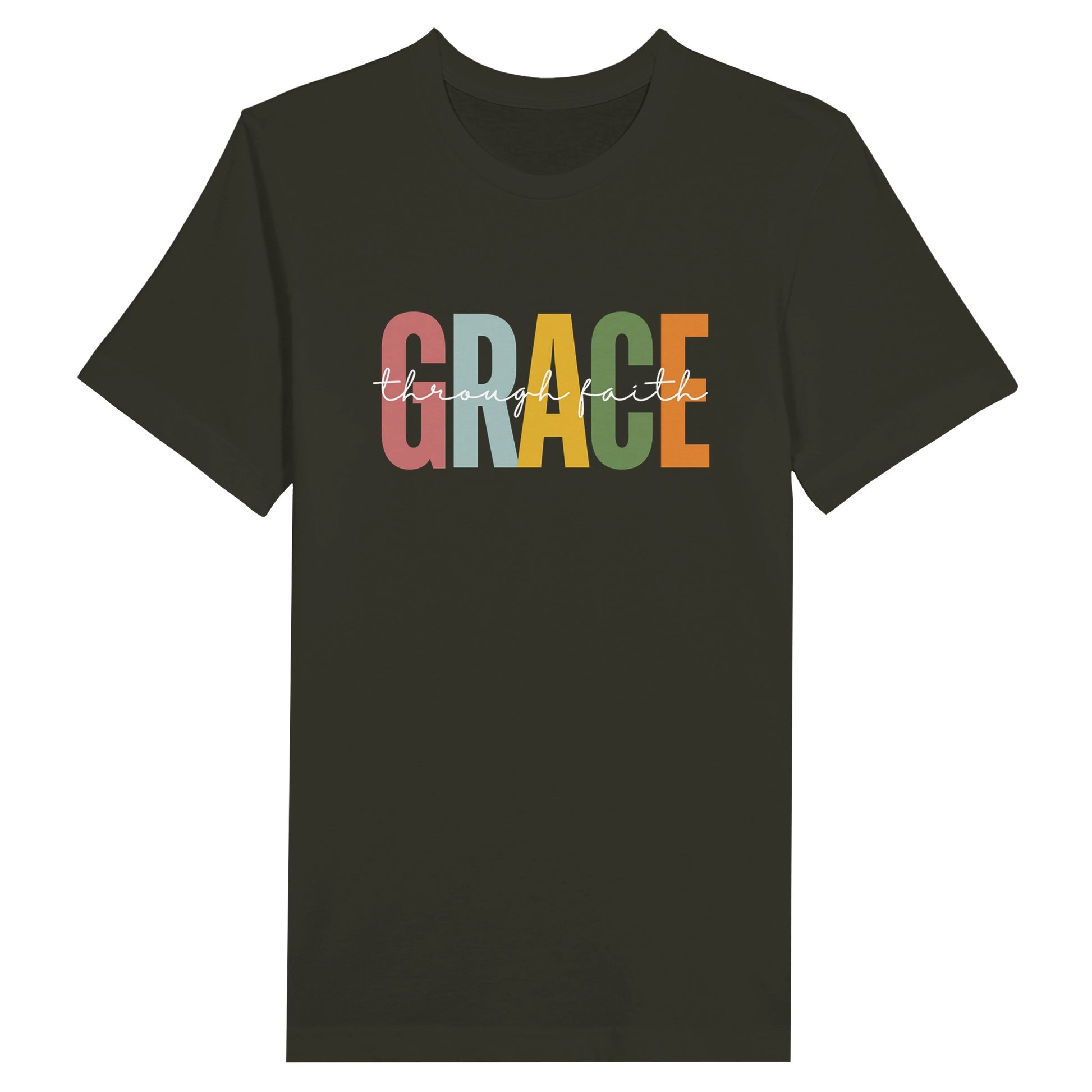 Dark olive Ladies Christian T-shirt with "Grace Through Faith" print design