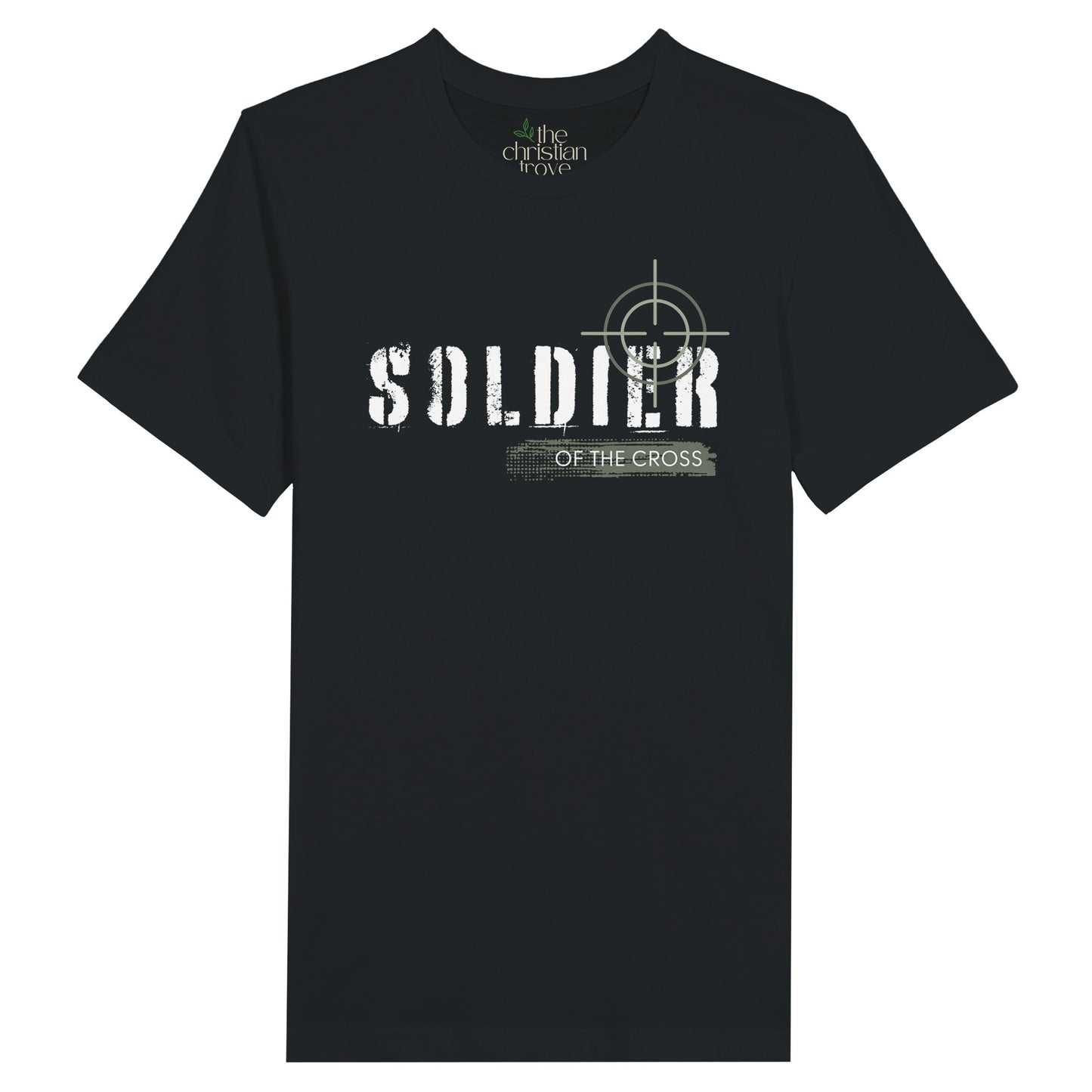 Black Christian T-shirt with Soldier of the Cross Text Design. Men's classic fit, crew neck, short-sleeved, soft fabric.