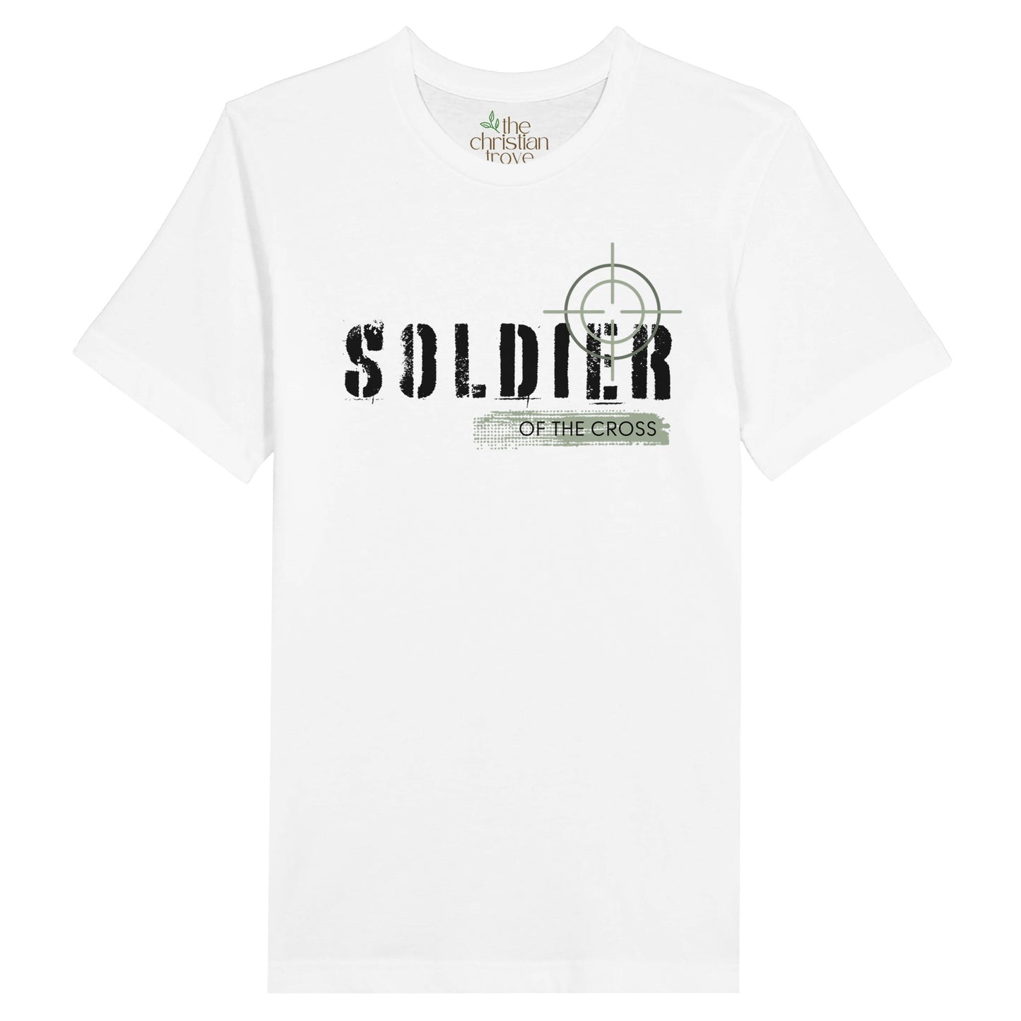 White Christian T-shirt with Soldier of the Cross Text Design. Men's classic fit, crew neck, short-sleeved, soft fabric.